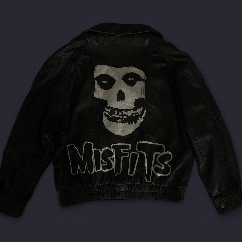 Nordstrom Black Leather Jacket with hand painted Misfits design